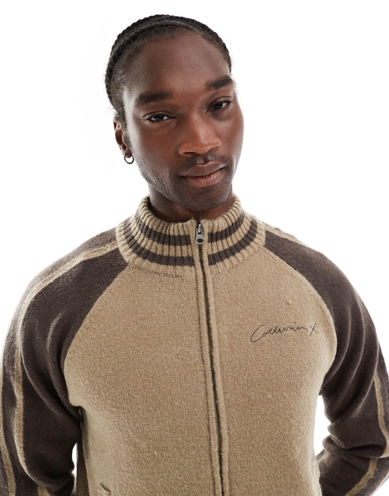 COLLUSION rugby zip through knit jumper in brown