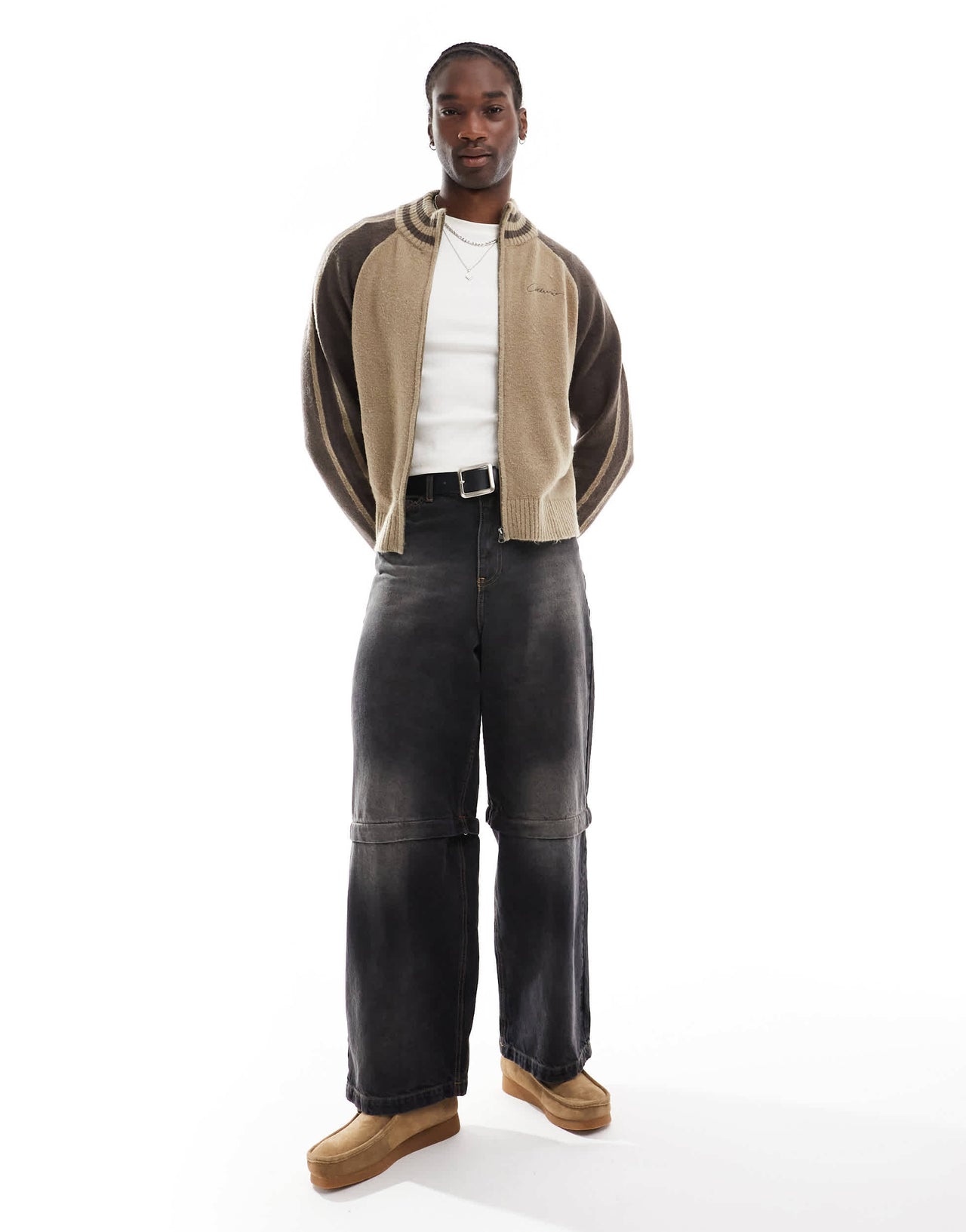 COLLUSION rugby zip through knit jumper in brown