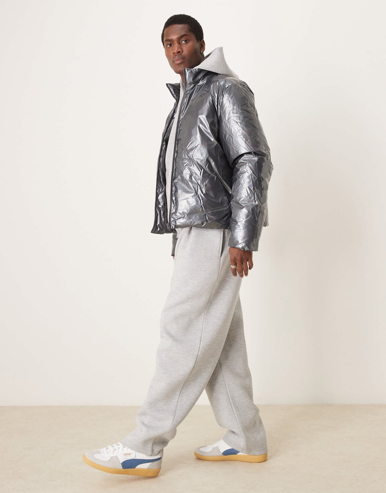 ASOS DESIGN metallic puffer jacket in grey