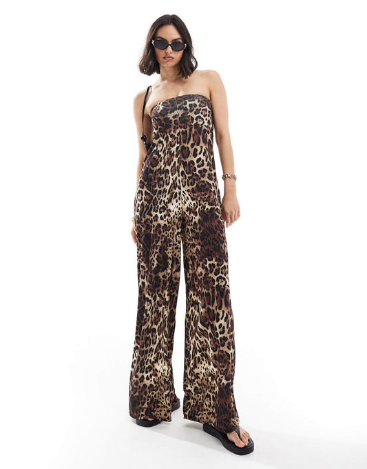 ASOS DESIGN bandeau trapeze jumpsuit in leopard print