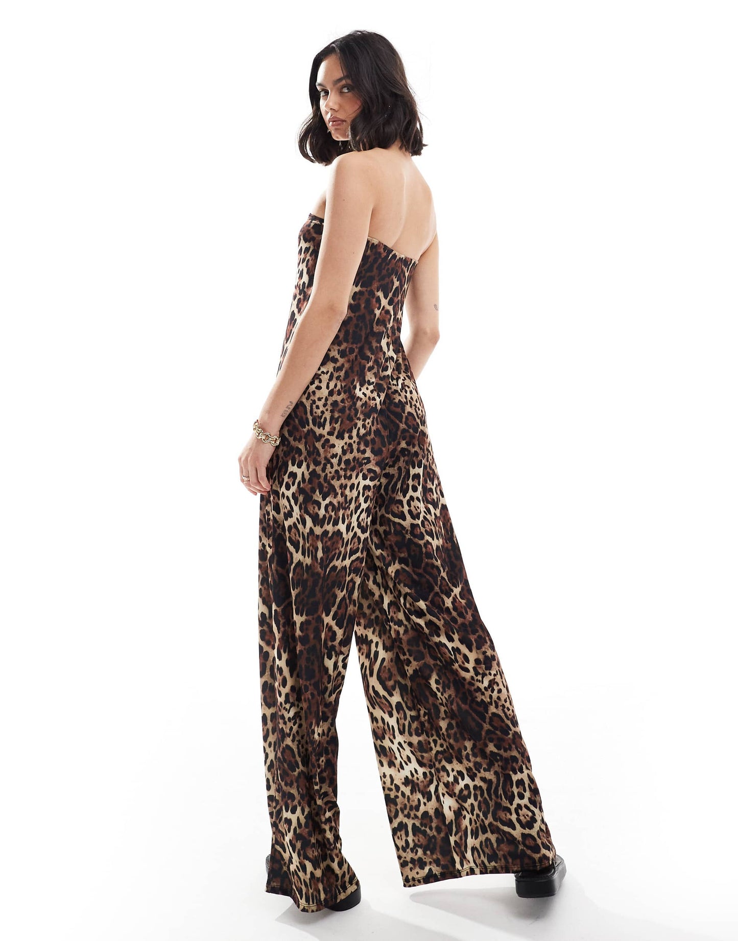 ASOS DESIGN bandeau trapeze jumpsuit in leopard print