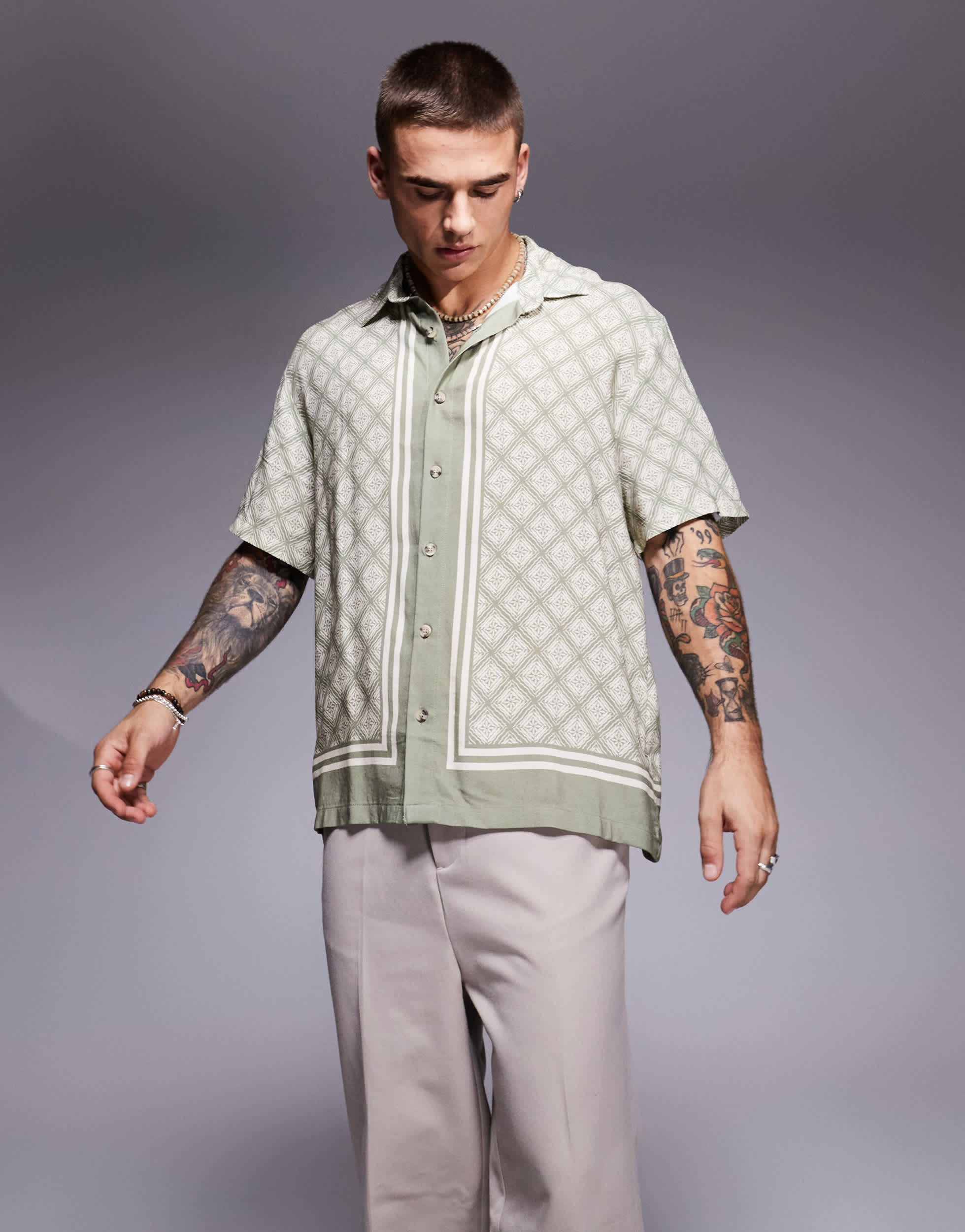 River Island geometric border print shirt in green