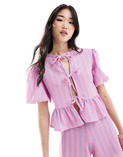 ASOS DESIGN co-ord textured volume sleeve tie front  top in stripe