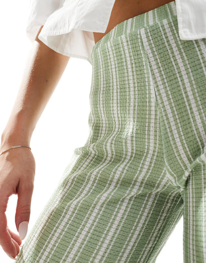 ASOS DESIGN textured wide leg pull on trousers in green stripe