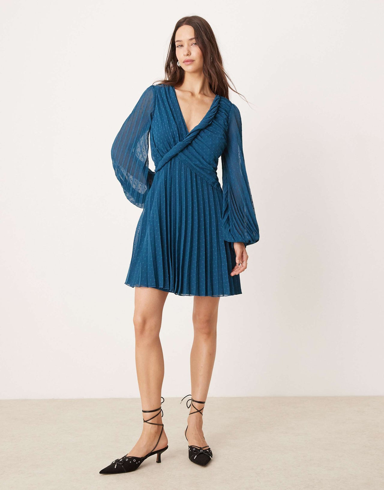 ASOS DESIGN twist detail wrap front pleated mini dress in petrol blue