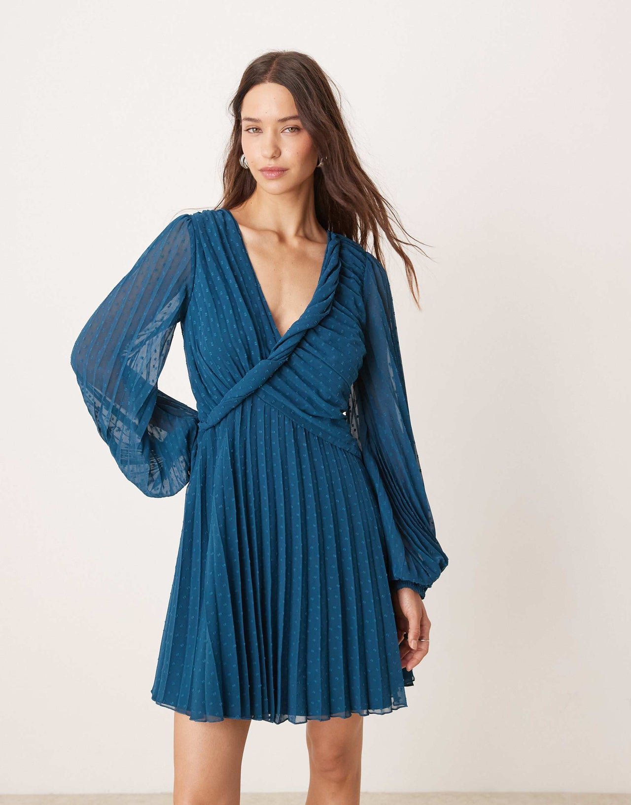 ASOS DESIGN twist detail wrap front pleated mini dress in petrol blue