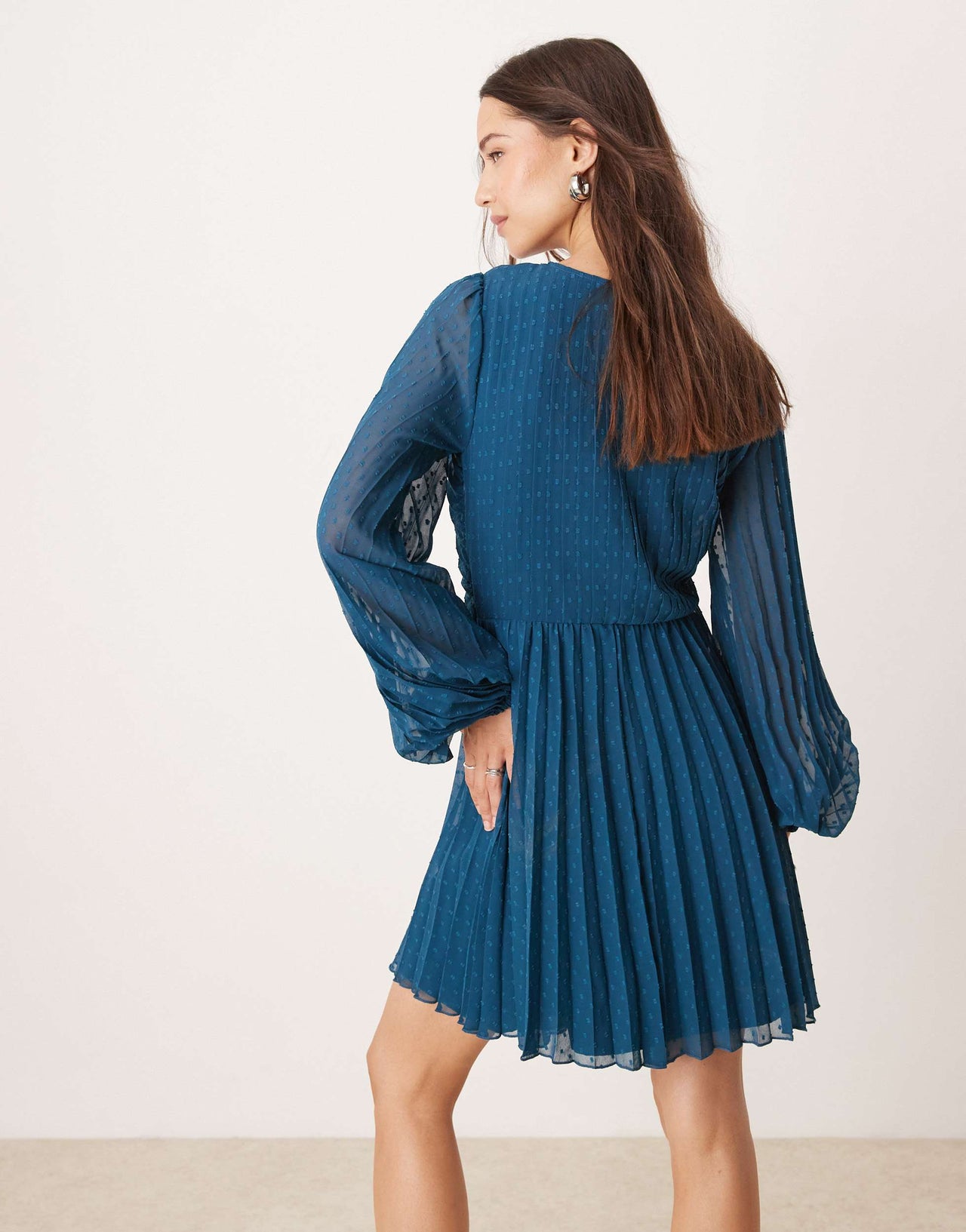 ASOS DESIGN twist detail wrap front pleated mini dress in petrol blue