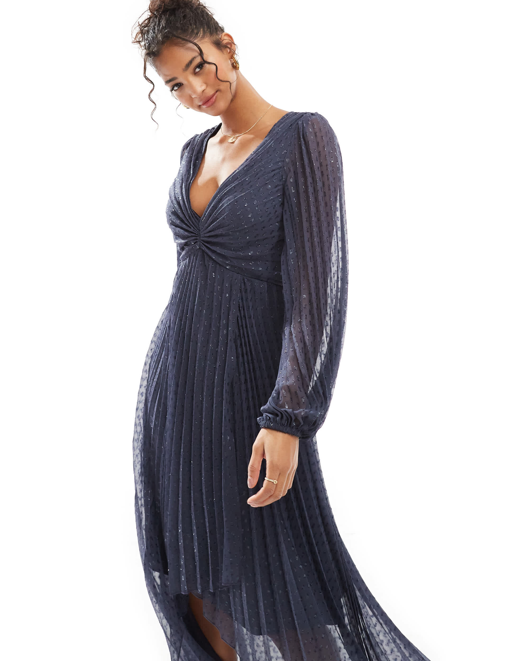 ASOS DESIGN metallic dobby pleat wrap skirt midi dress in washed navy