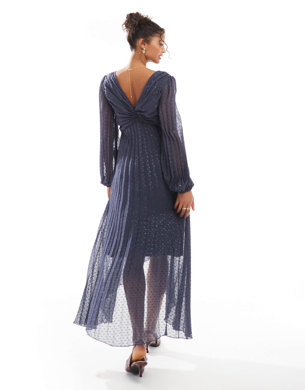 ASOS DESIGN metallic dobby pleat wrap skirt midi dress in washed navy