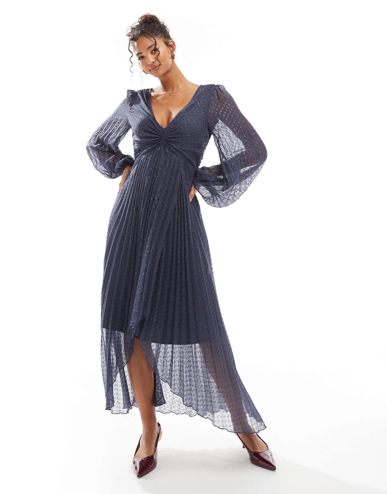 ASOS DESIGN metallic dobby pleat wrap skirt midi dress in washed navy