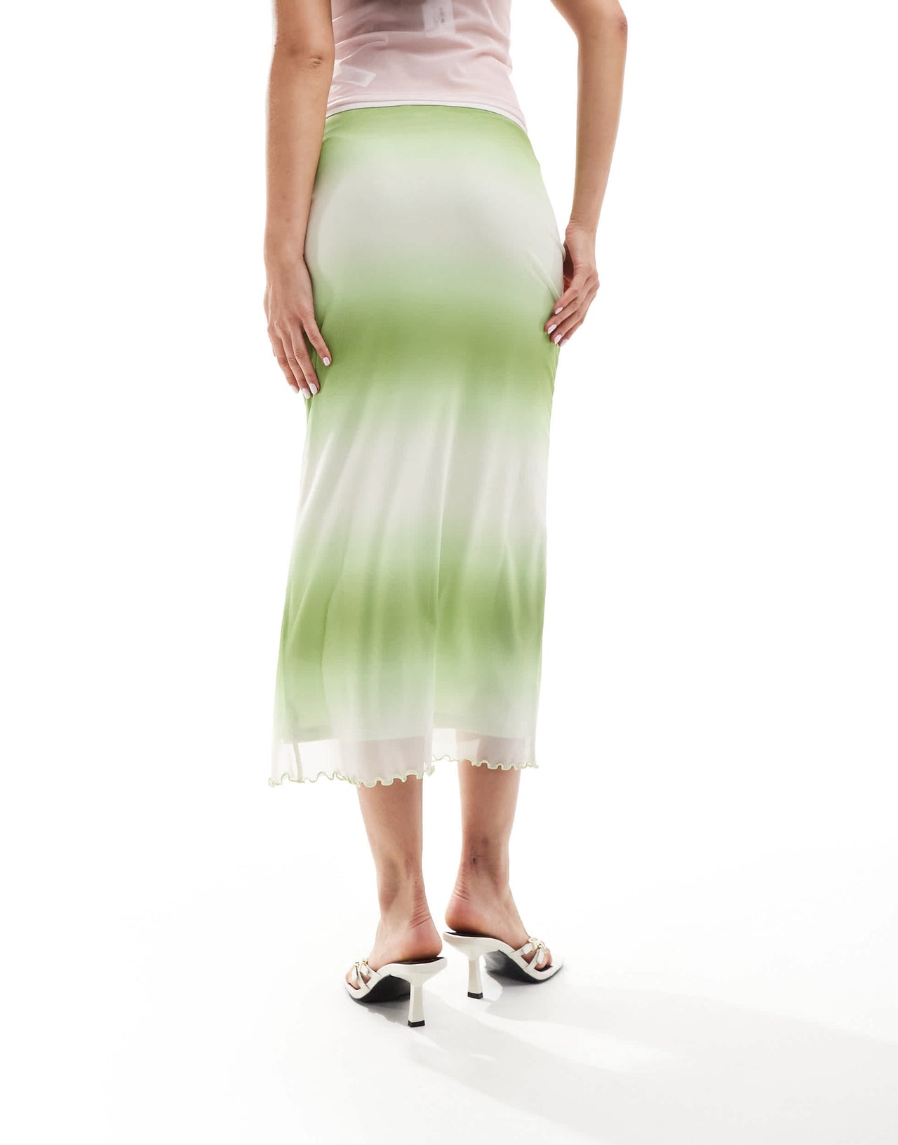Monki mesh midi skirt with side split in green ombre stripe