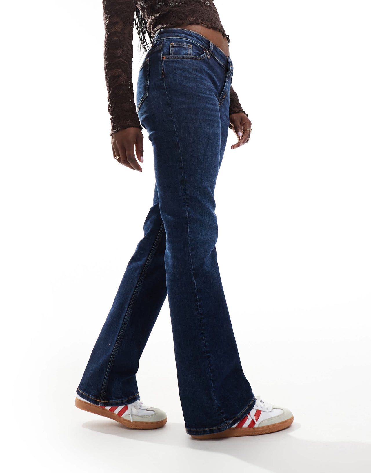 Monki Wakumi low waist boot cut jeans in dark blue wash