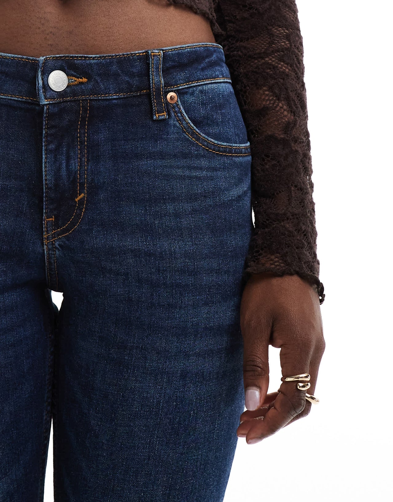 Monki Wakumi low waist boot cut jeans in dark blue wash