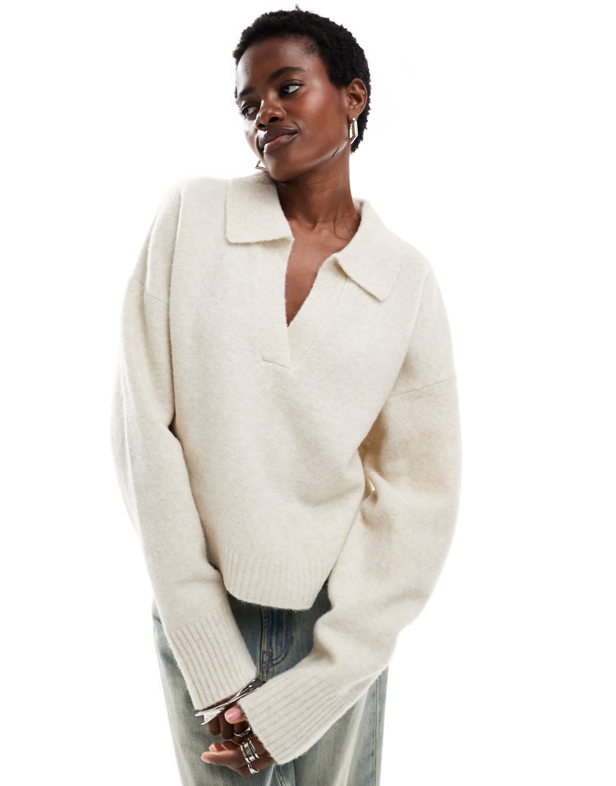 Monki knitted polo jumper in off-white