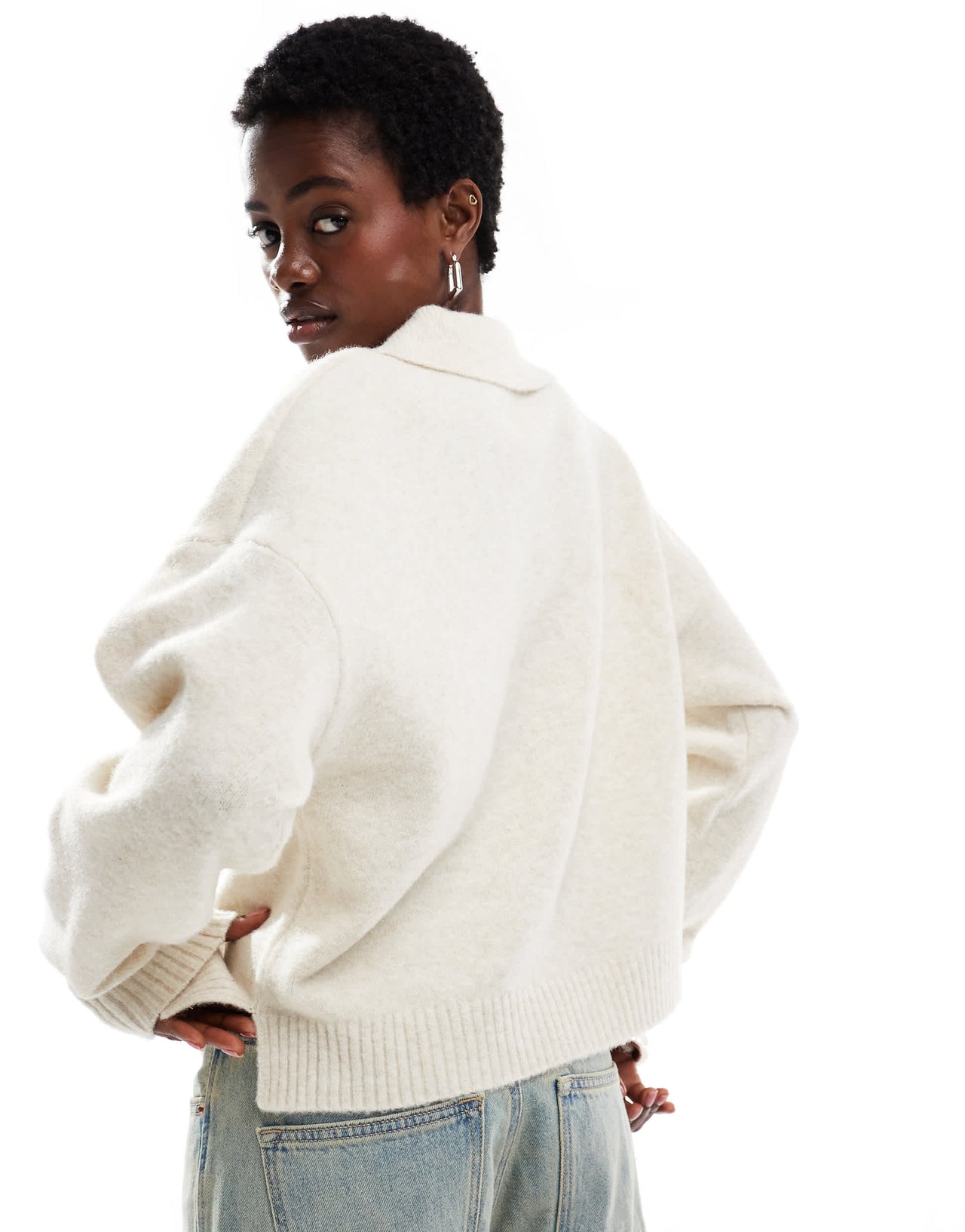 Monki knitted polo jumper in off-white