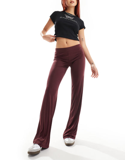 Monki super soft low waist straight leg baggy jersey trousers in burgundy