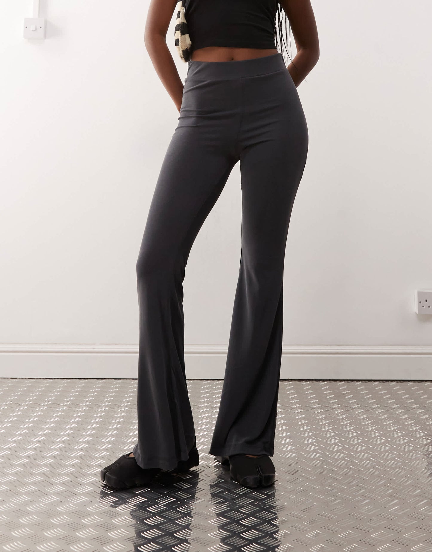Monki super soft low waist flare jersey trousers in grey
