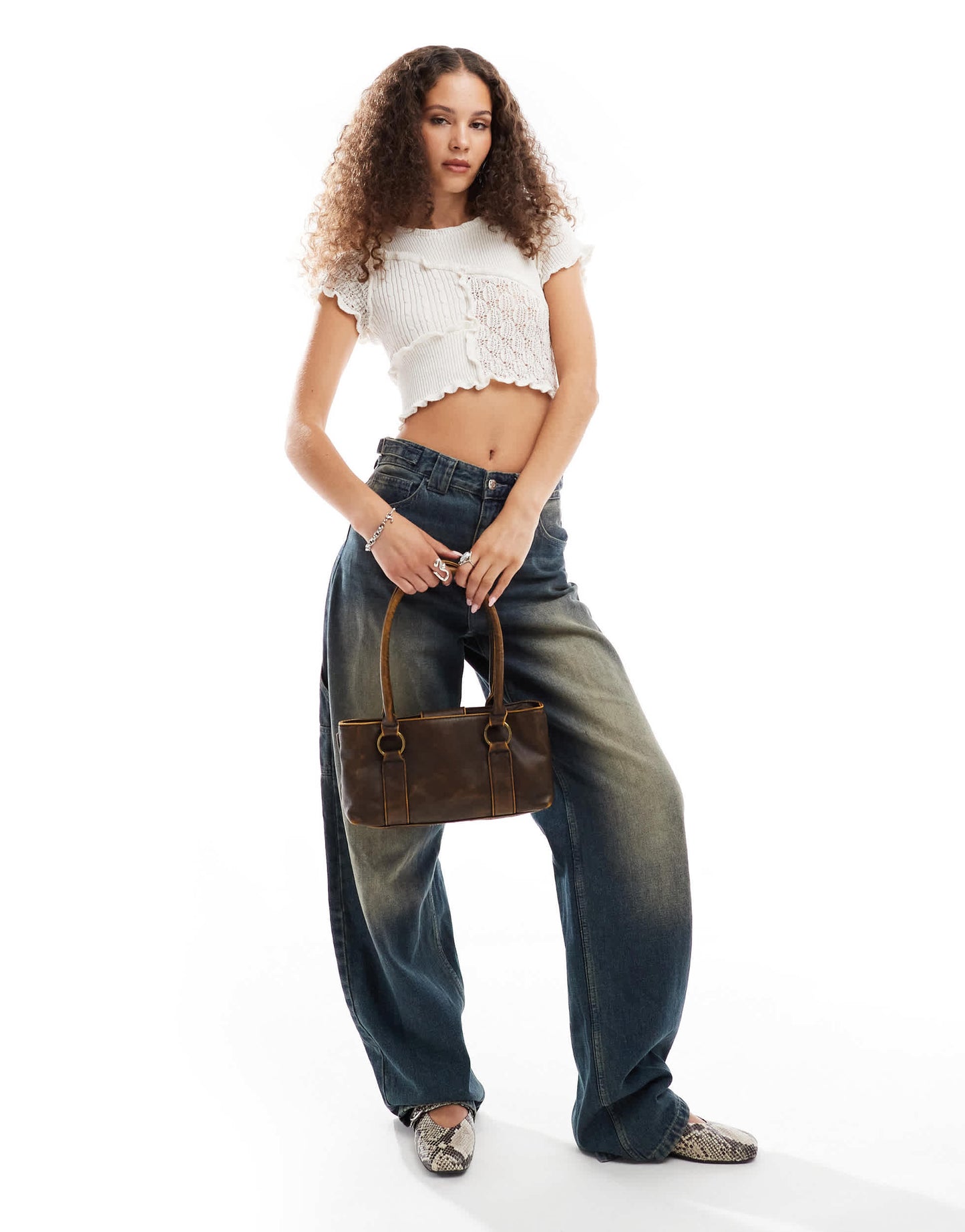 Monki knitted short sleeve crop top with frill detail in off white