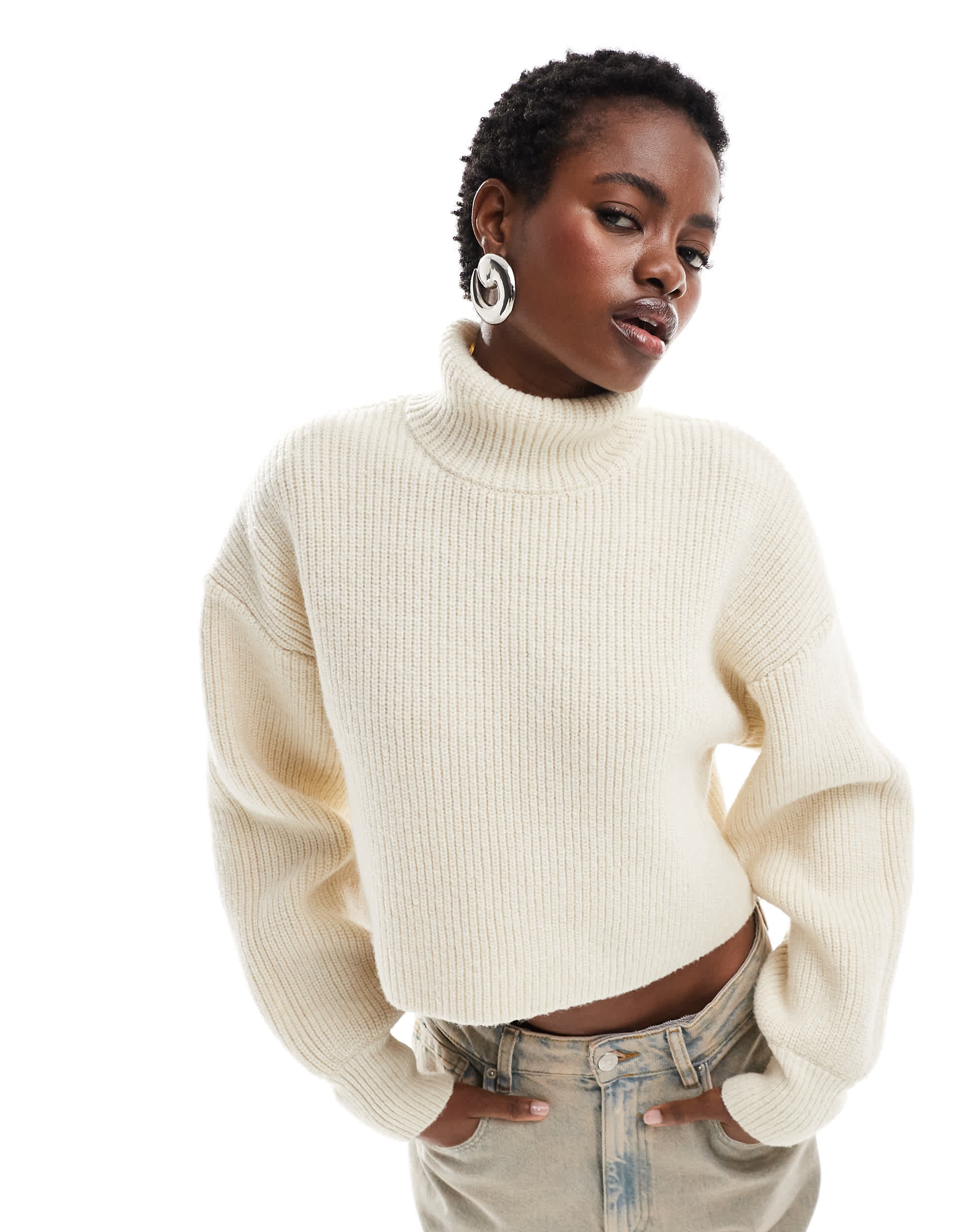 Monki cropped high neck jumper in light  beige melange