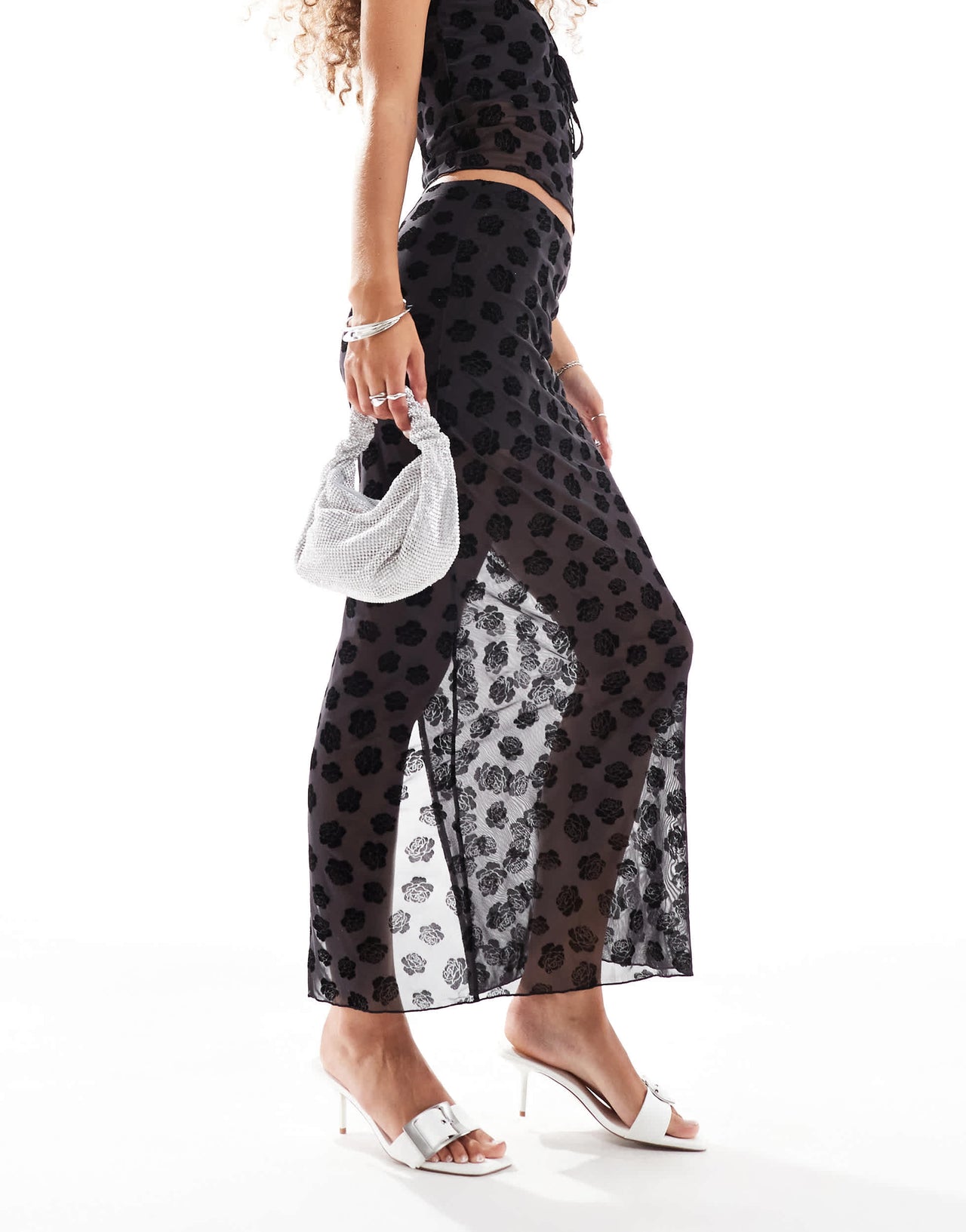 Monki co-ord double layer mesh flock velvet maxi skirt in black