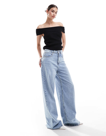 Monki rib knit off shoulder foldover top in black