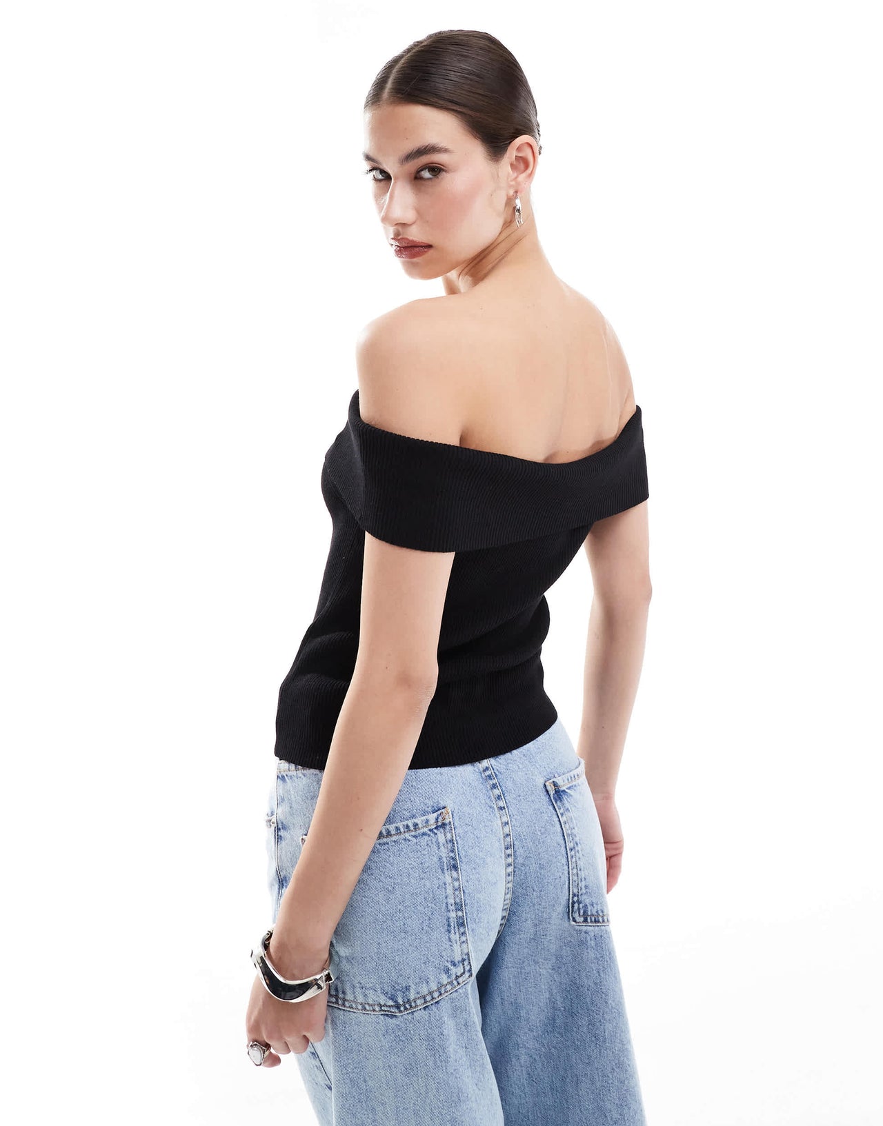 Monki rib knit off shoulder foldover top in black