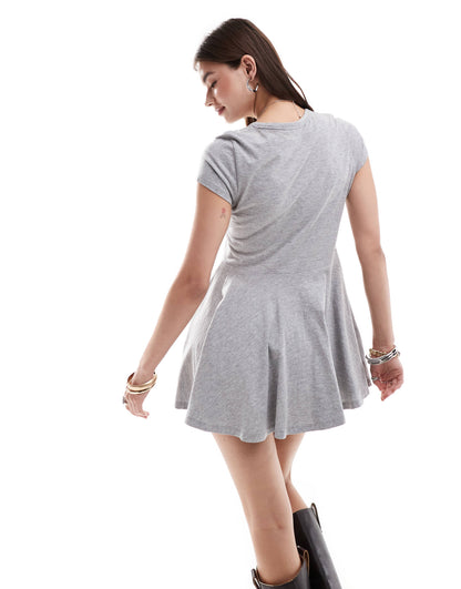 Monki short sleeve mini jersey dress with an a-line skirt in grey melange