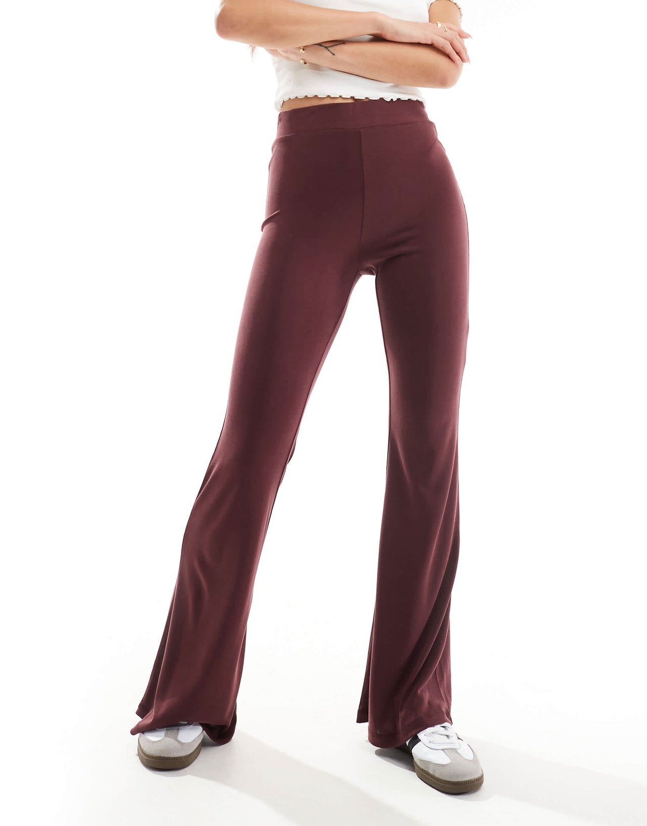 Monki super soft low waist flare jersey trousers in burgundy