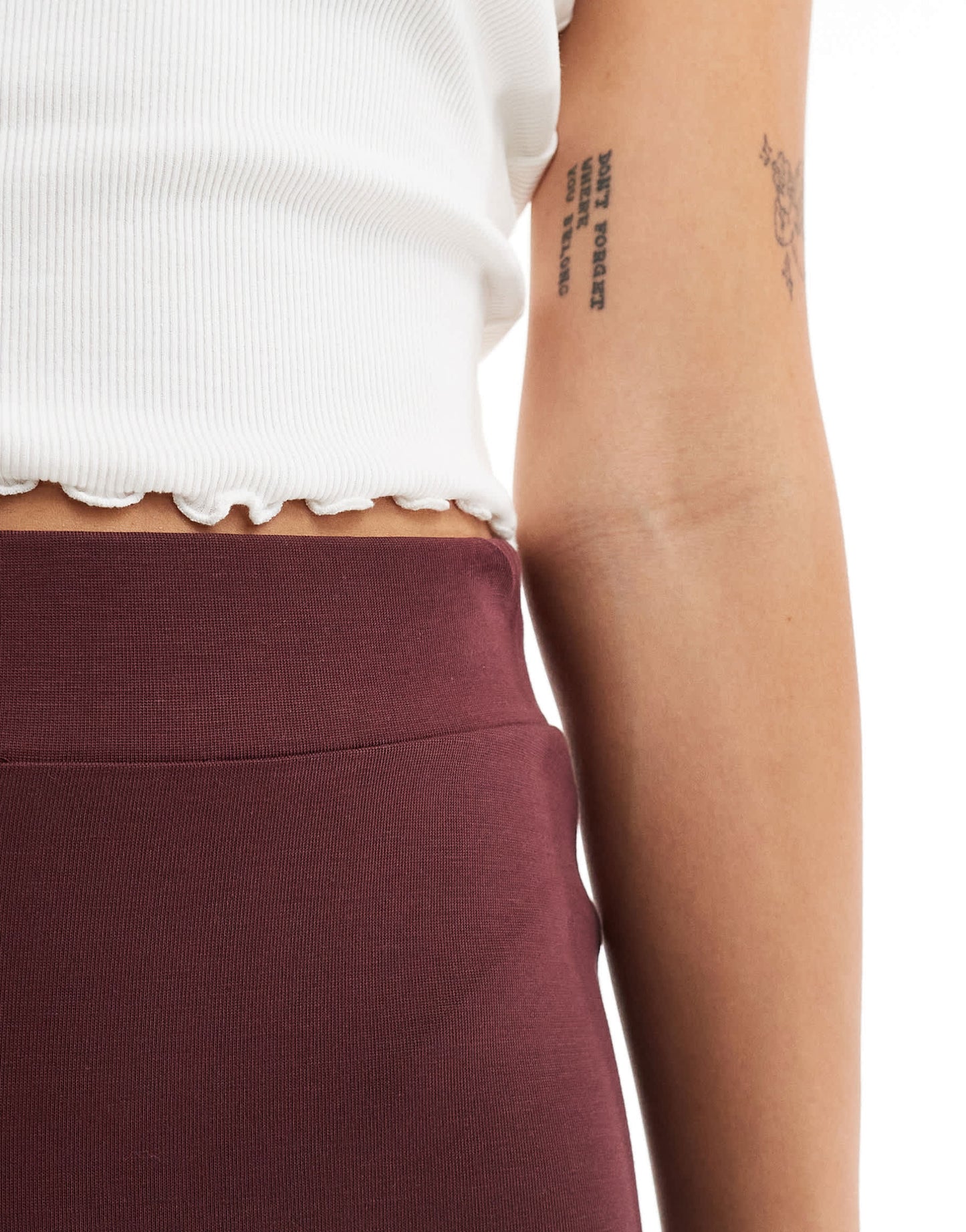 Monki super soft low waist flare jersey trousers in burgundy