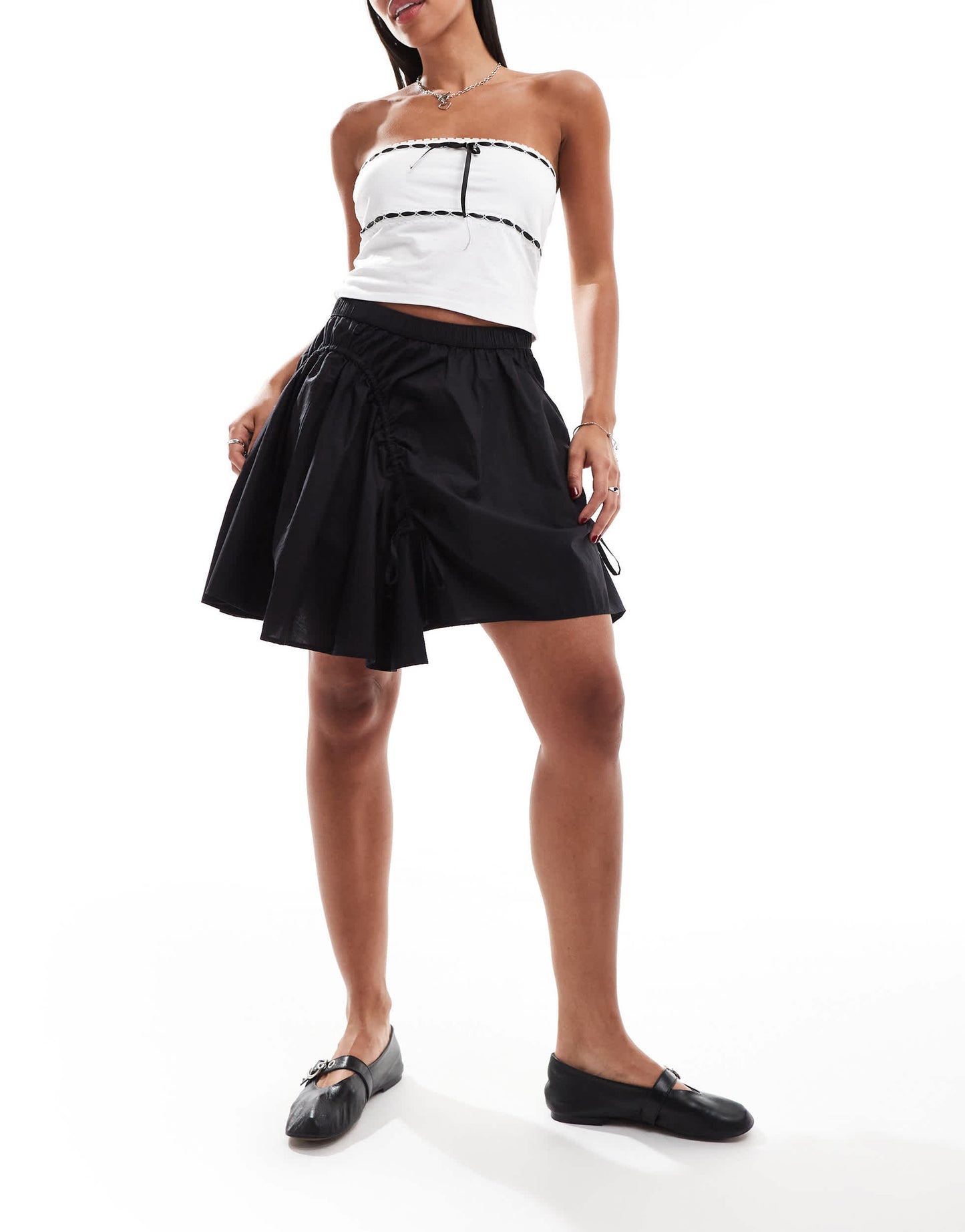Monki poplin mini skirt with drawstring ruched details in black