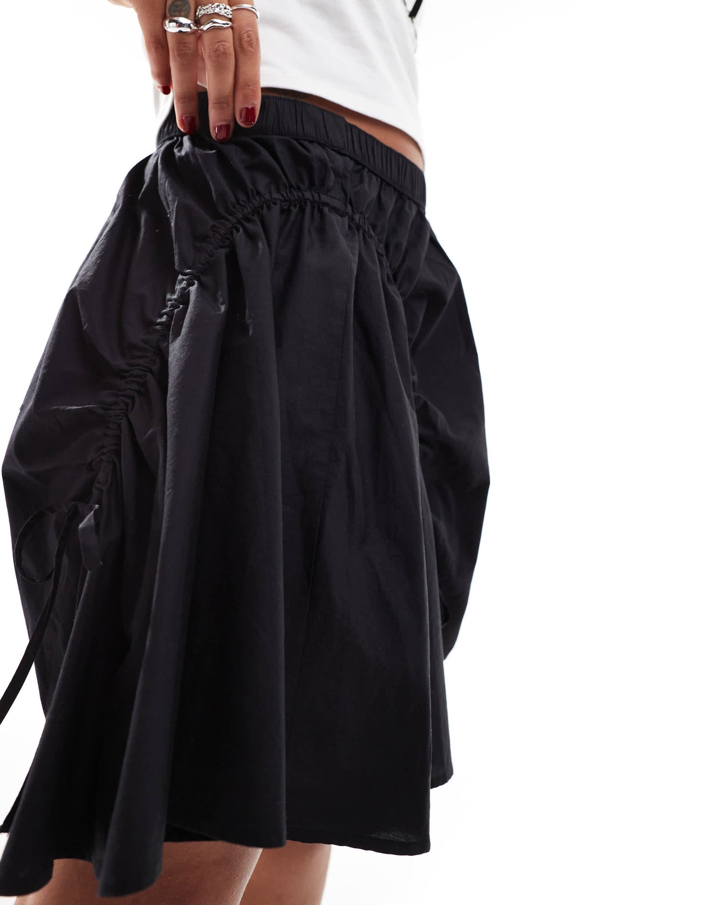 Monki poplin mini skirt with drawstring ruched details in black