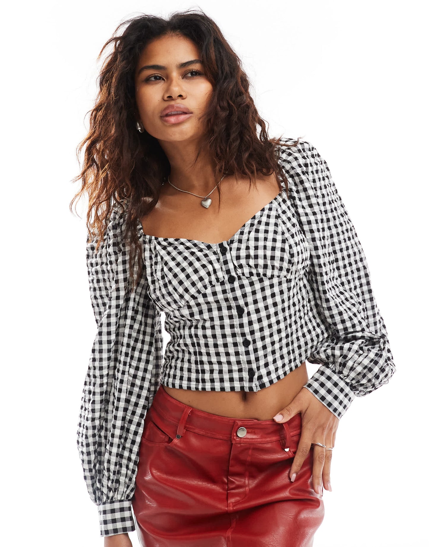 Monki long sleeve seersucker button front blouse in black and white check gingham