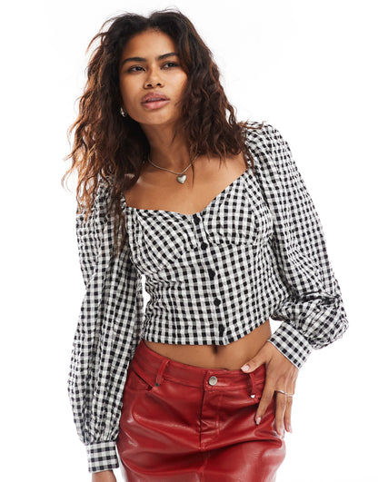 Monki long sleeve seersucker button front blouse in black and white check gingham