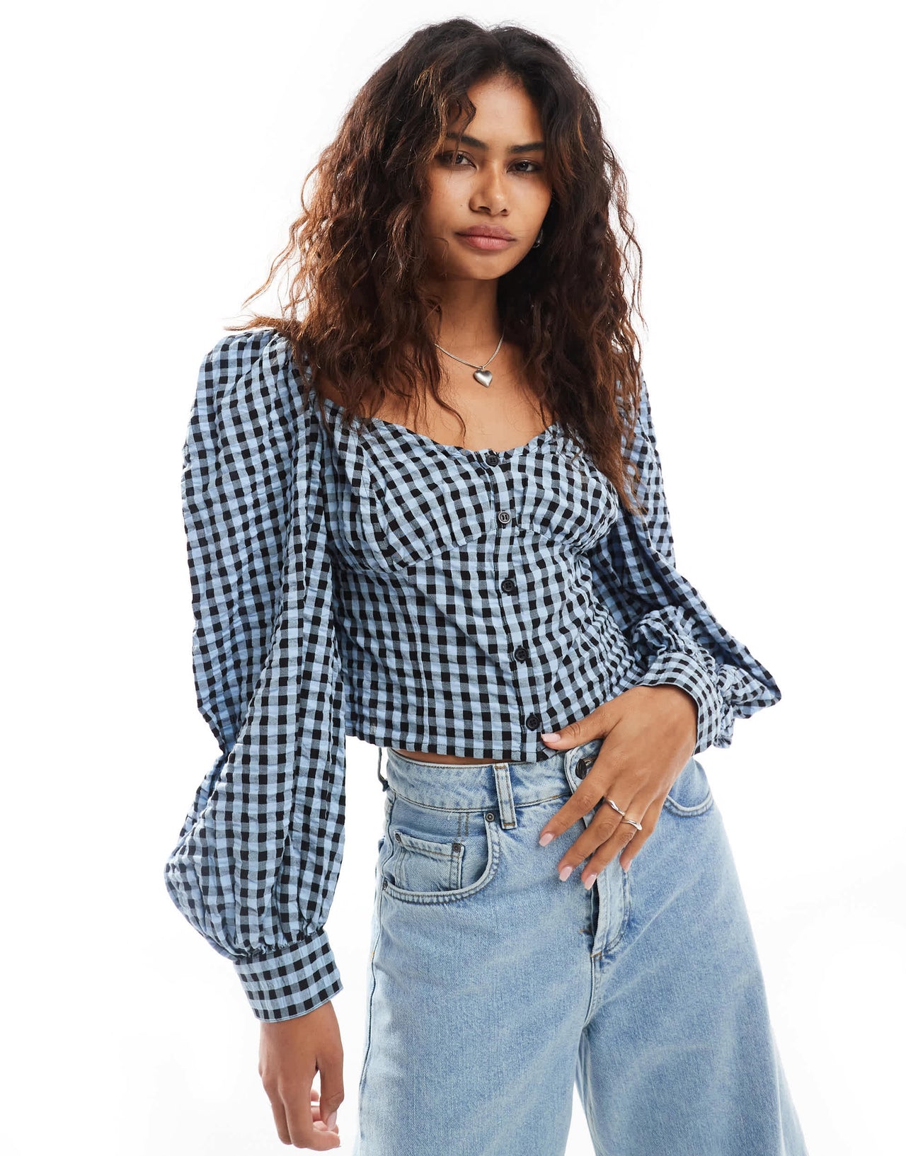 Monki long sleeve seersucker button front blouse in black and dark blue check gingham