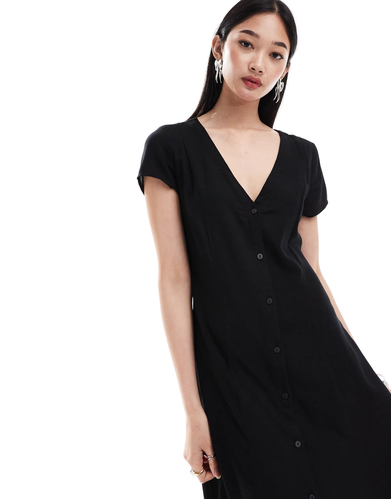 Monki short sleeve button front midi dress in black