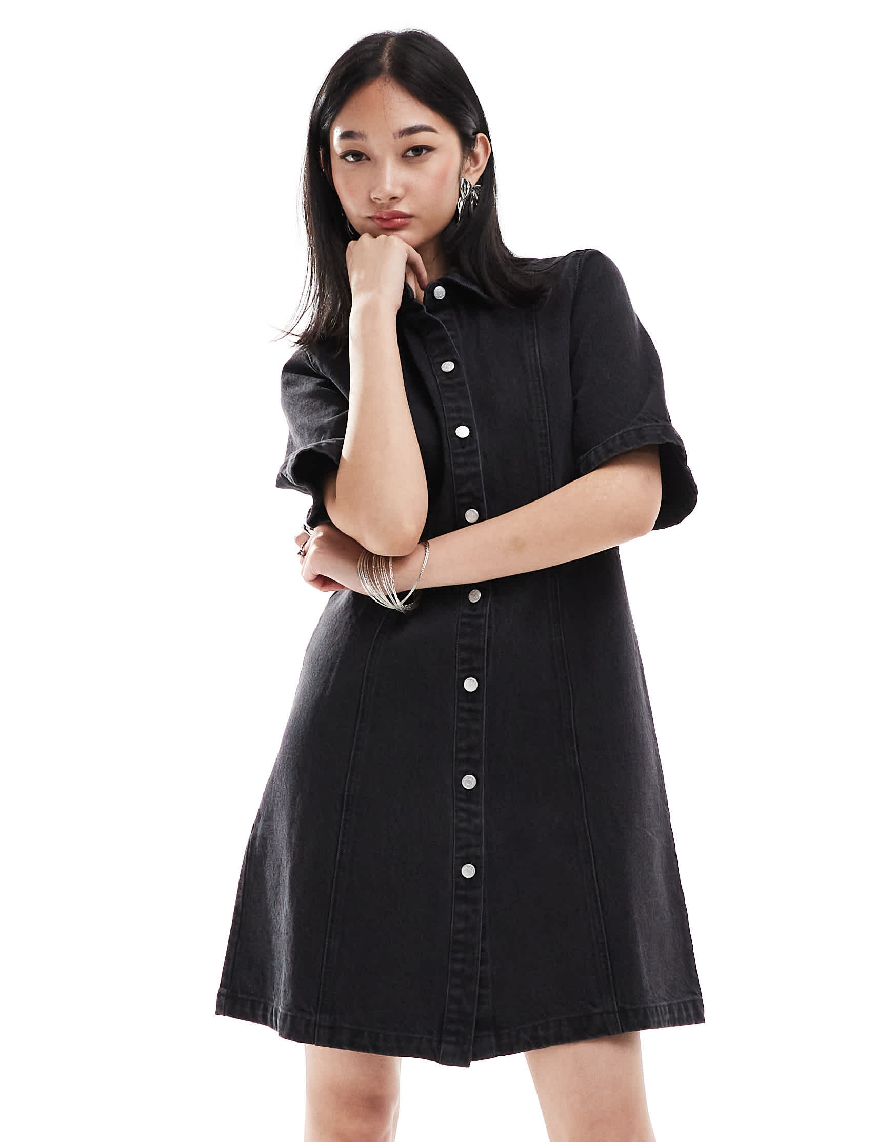 Monki denim mini shirt dress in washed black