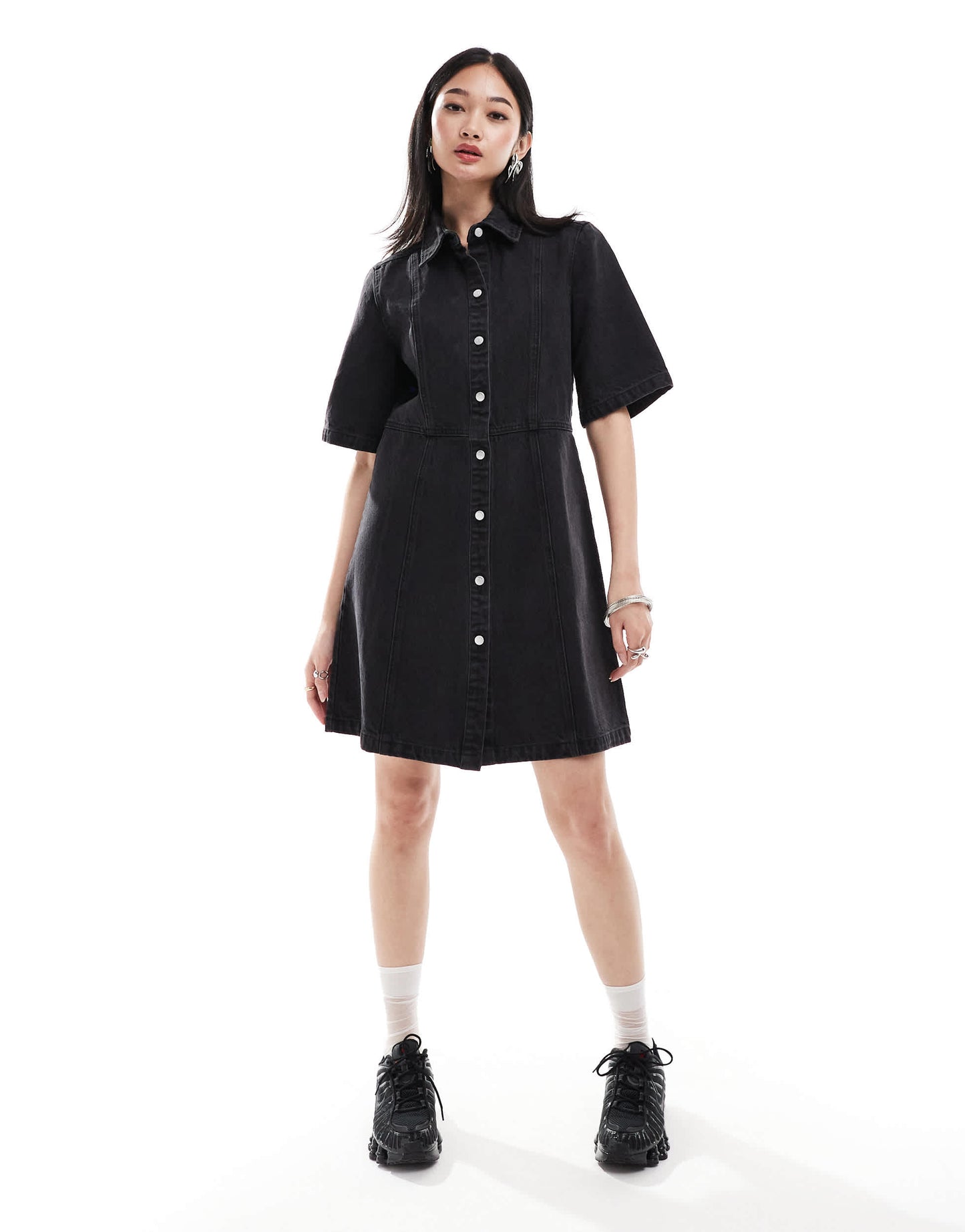 Monki denim mini shirt dress in washed black