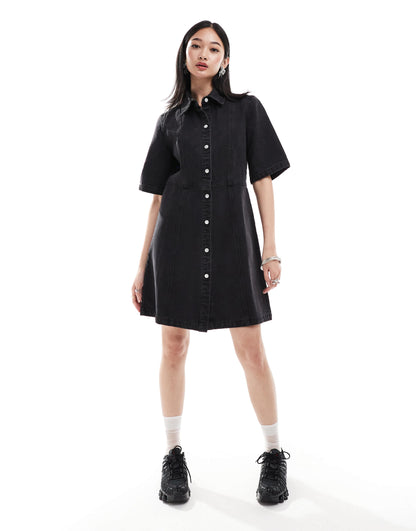 Monki denim mini shirt dress in washed black