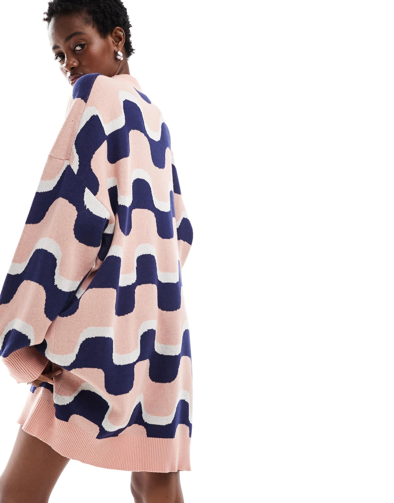 Monki oversized knitted mini dress in blue and pink wavy stripe pattern jacqaurd