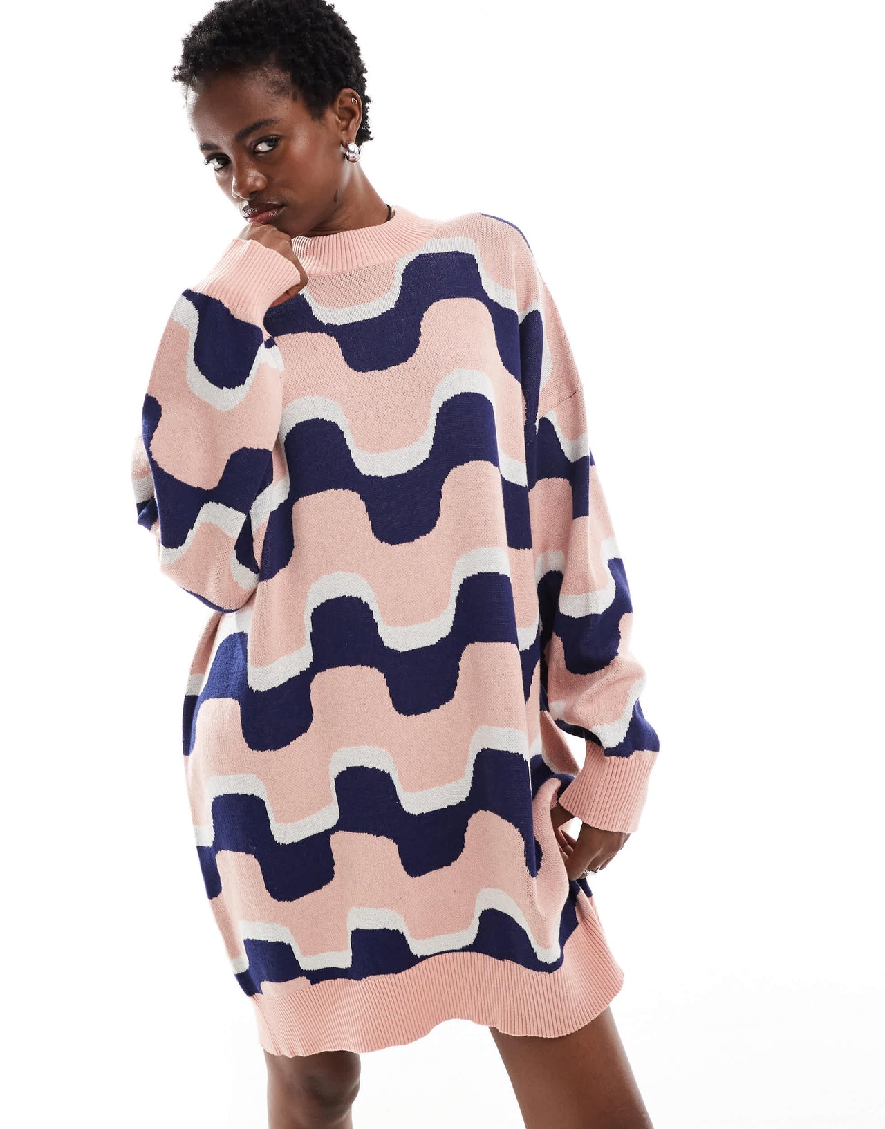 Monki oversized knitted mini dress in blue and pink wavy stripe pattern jacqaurd