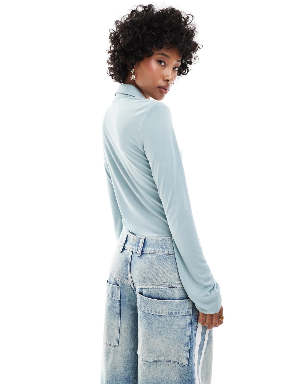 Monki long sleeve jersey ruched shirt in light dusty blue