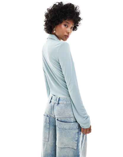 Monki long sleeve jersey ruched shirt in light dusty blue