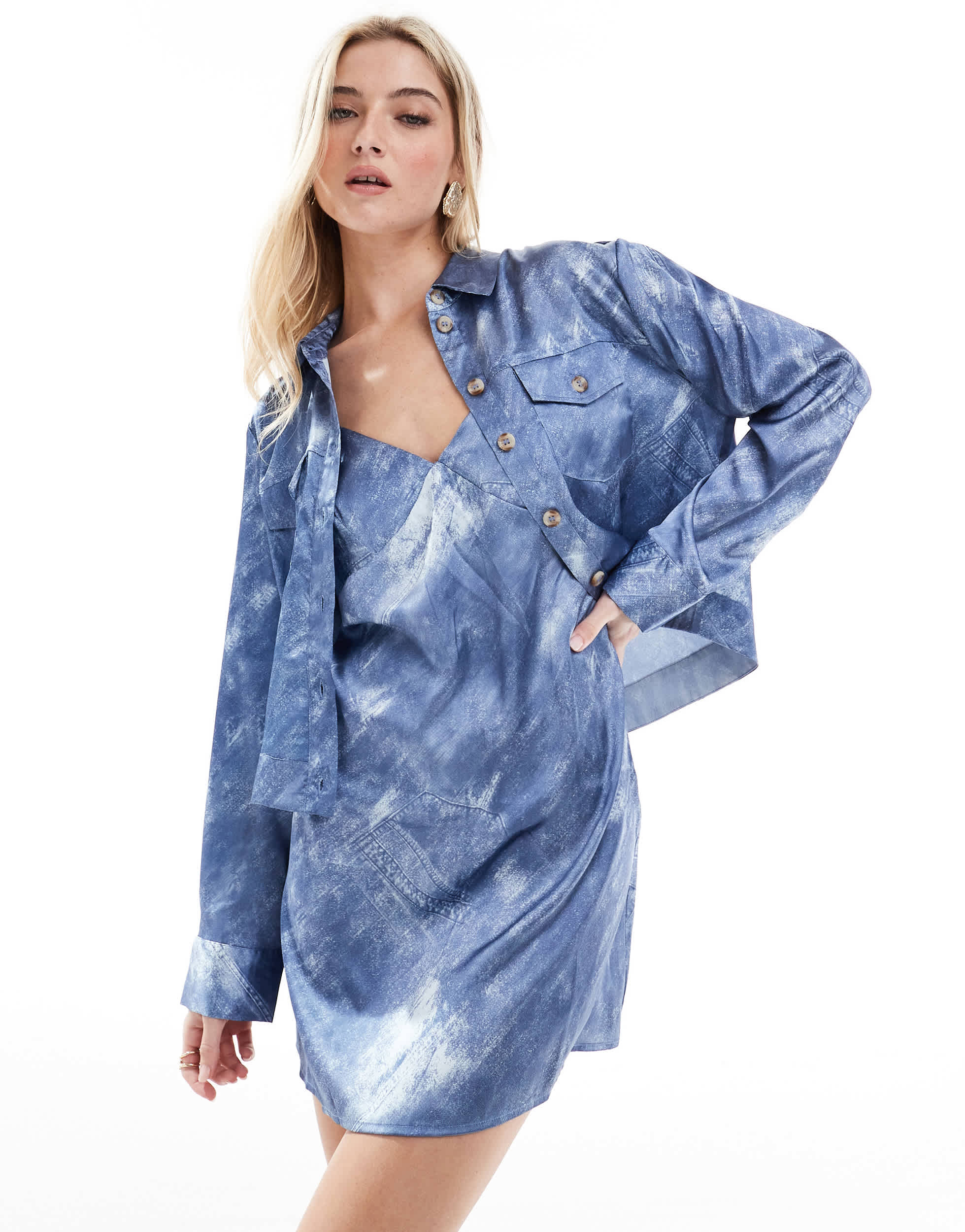 Vero Moda chuck on satin jacket co-ord in denim print