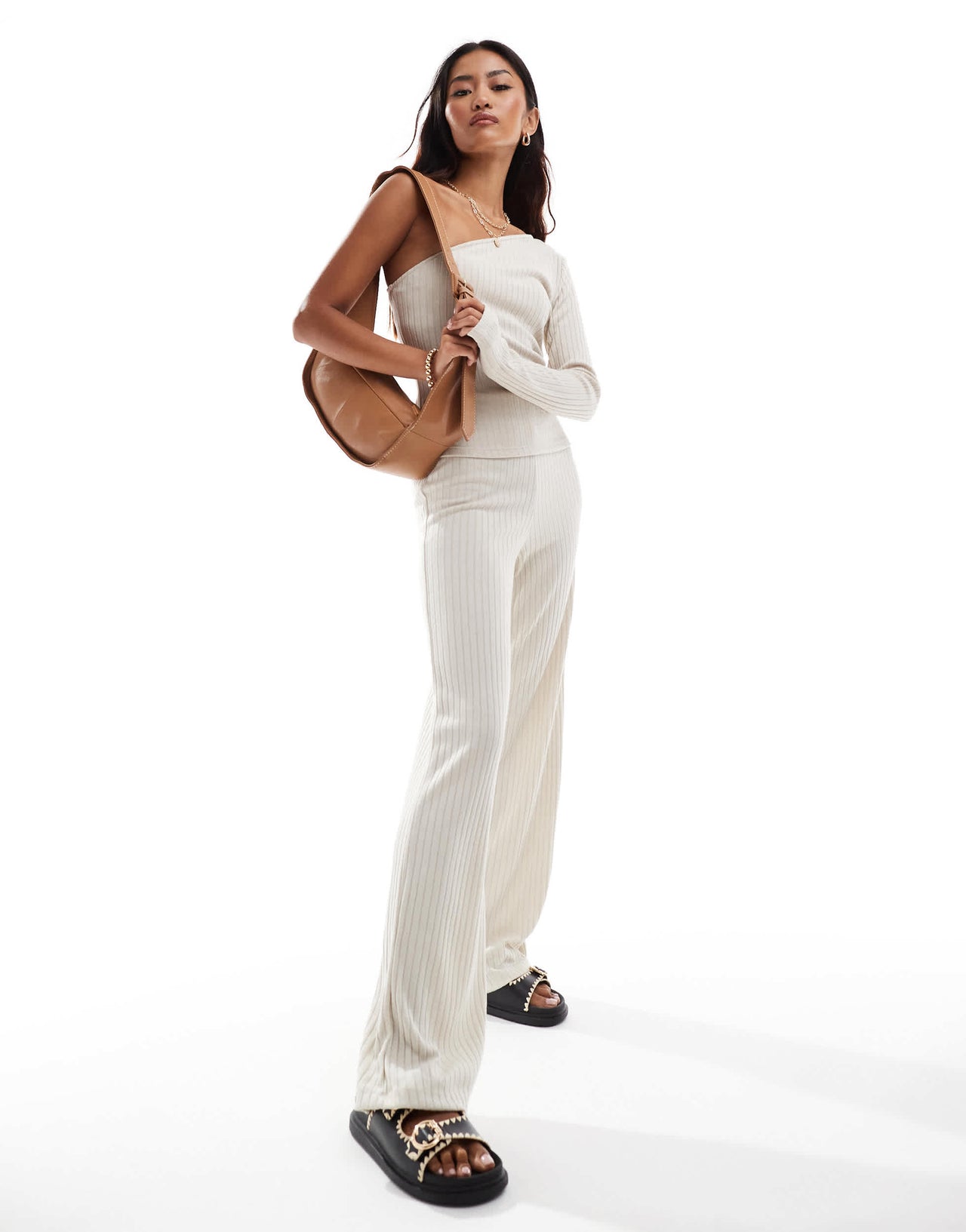 Vero Moda mix & match rib jersey dad trouser co-ord in stone