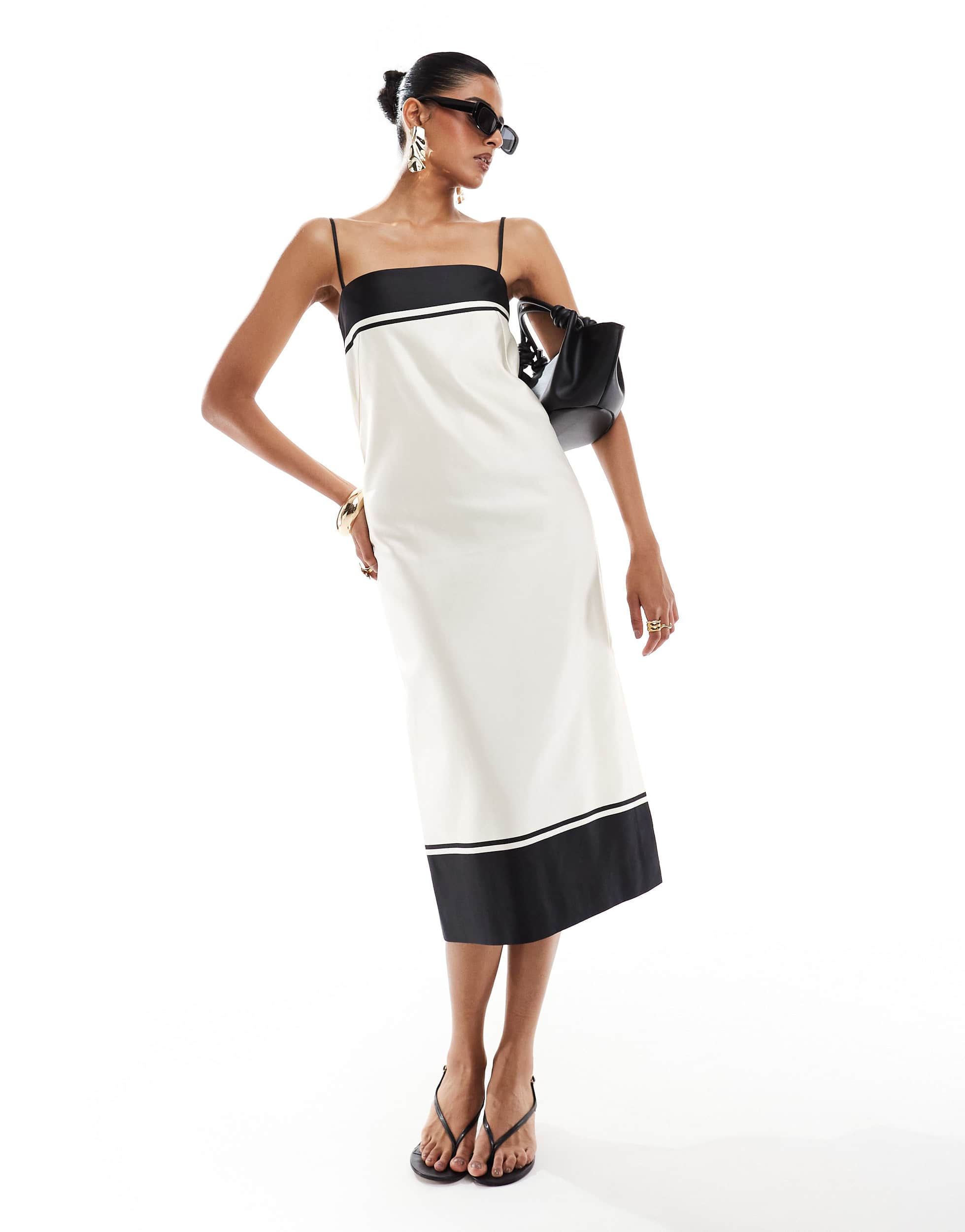& Other Stories midi dress with spaghetti straps in white and  contrast black edging