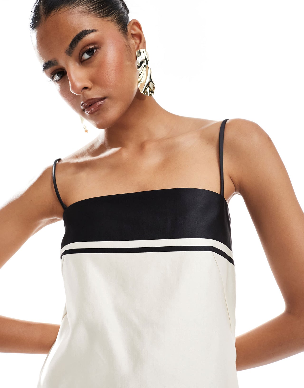 & Other Stories midi dress with spaghetti straps in white and  contrast black edging
