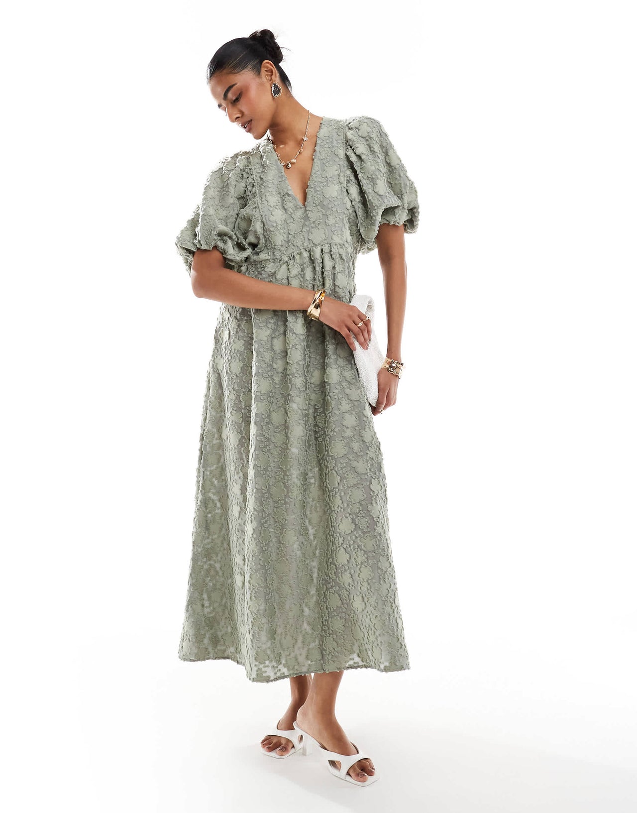 & Other Stories maxi dress with volume sleeves in light khaki 3D flower jacquard