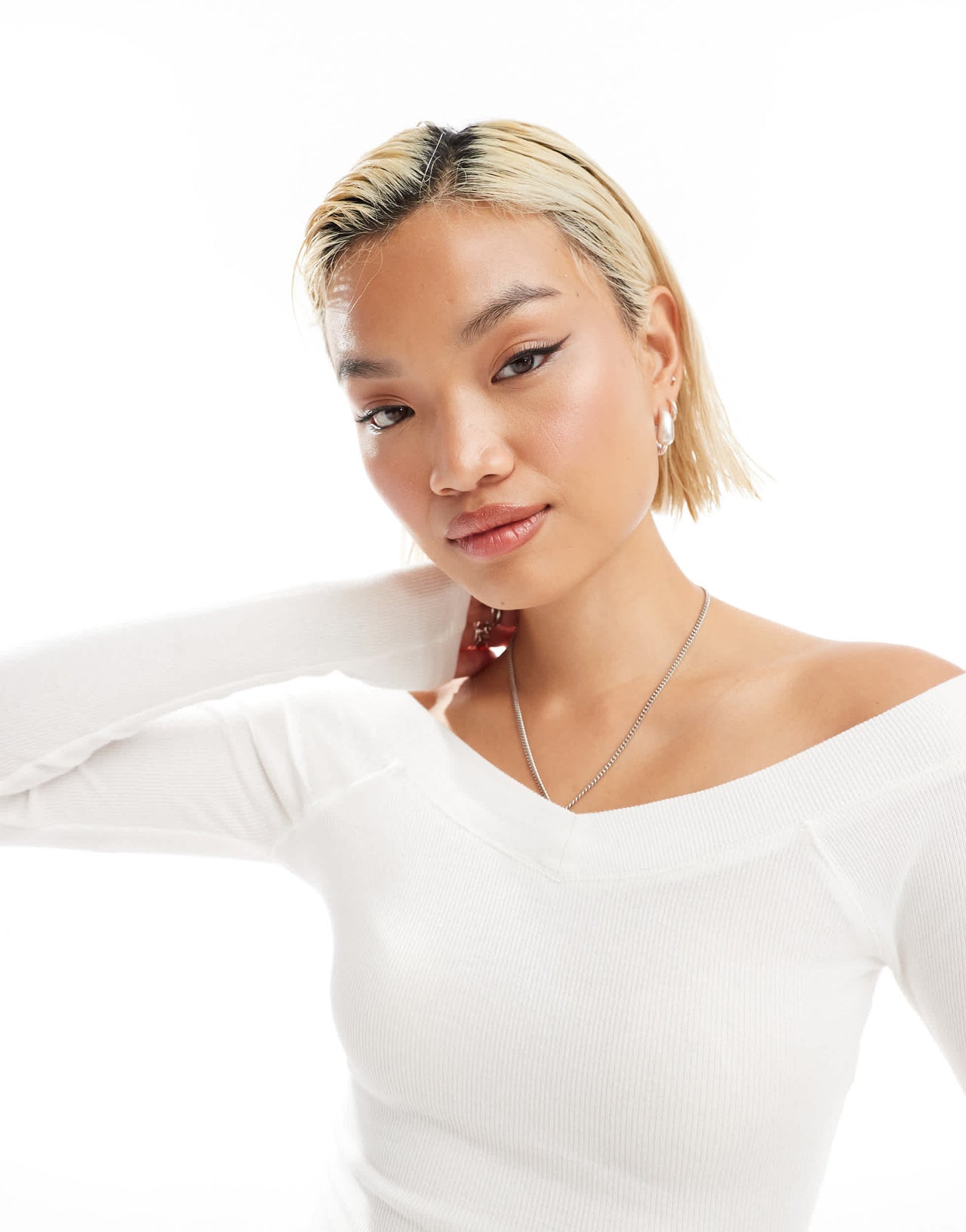 Glamorous v neck ribbed long sleeve top in white