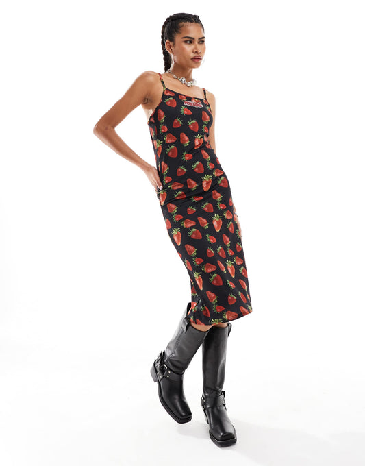 Minga London cami midi dress with strawberries print in black