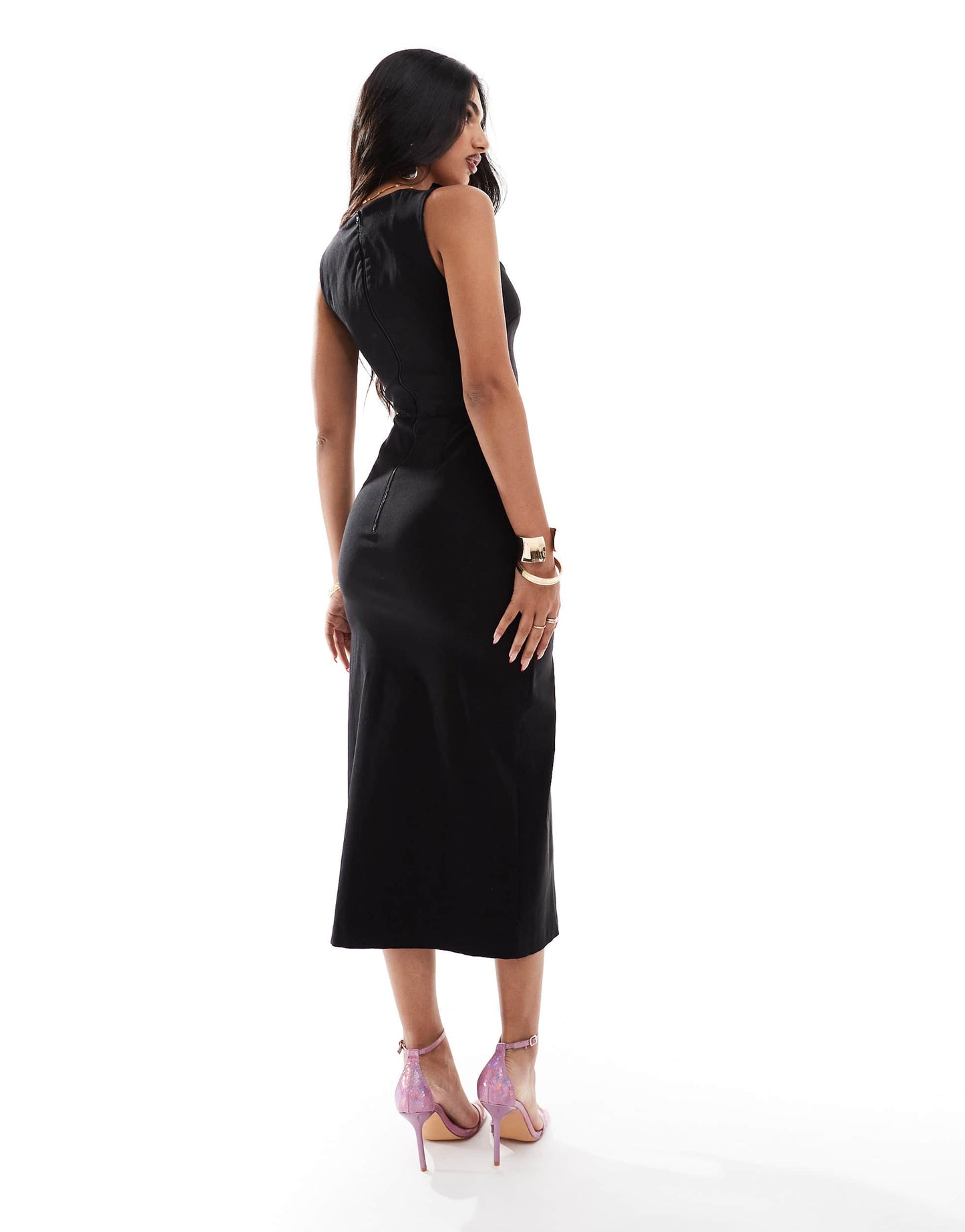 Vesper bengaline square neck thick strap thigh split midaxi dress in black